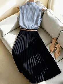 SHEIN LUNE Women's Black And White Striped Sleeveless Collared Shirt & High-Waisted Navy Pleated Maxi Skirt Set,Summer Elegant Office Work Commuting Outfit - Multicolor - View 2