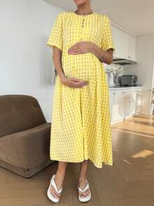 SHEIN 孕妇格子印花圆领优雅短袖连衣裙 - 黃色 - 查看 11