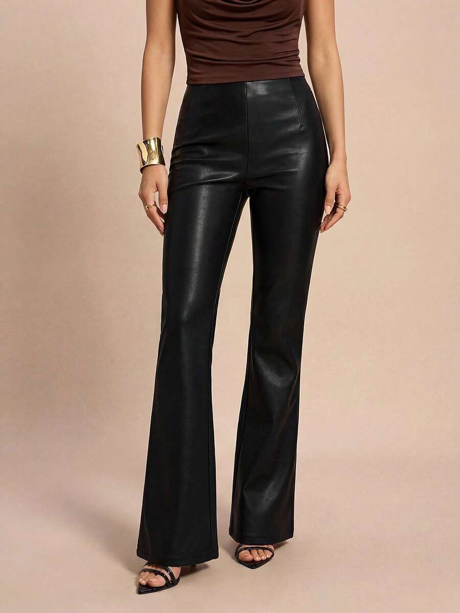 Olia Maree 复古修身低腰喇叭裤，PU材质，显瘦办公服 - 黑色 - 查看 1