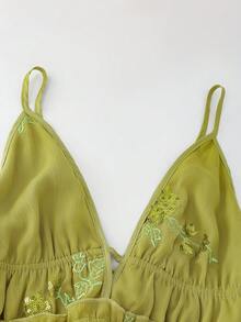 SHEIN Holidaya Women's Deep V Floral Sequin Embroidery Ruffle Backless Tie Strap Casual Vacation Dress For Spring/Summer - Green - View 9