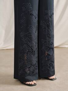 Anewsta Urban Chic Retro Hollow Embroidered High-Waist Straight-Leg Pants For Office/Commute - Navy Blue - View 1