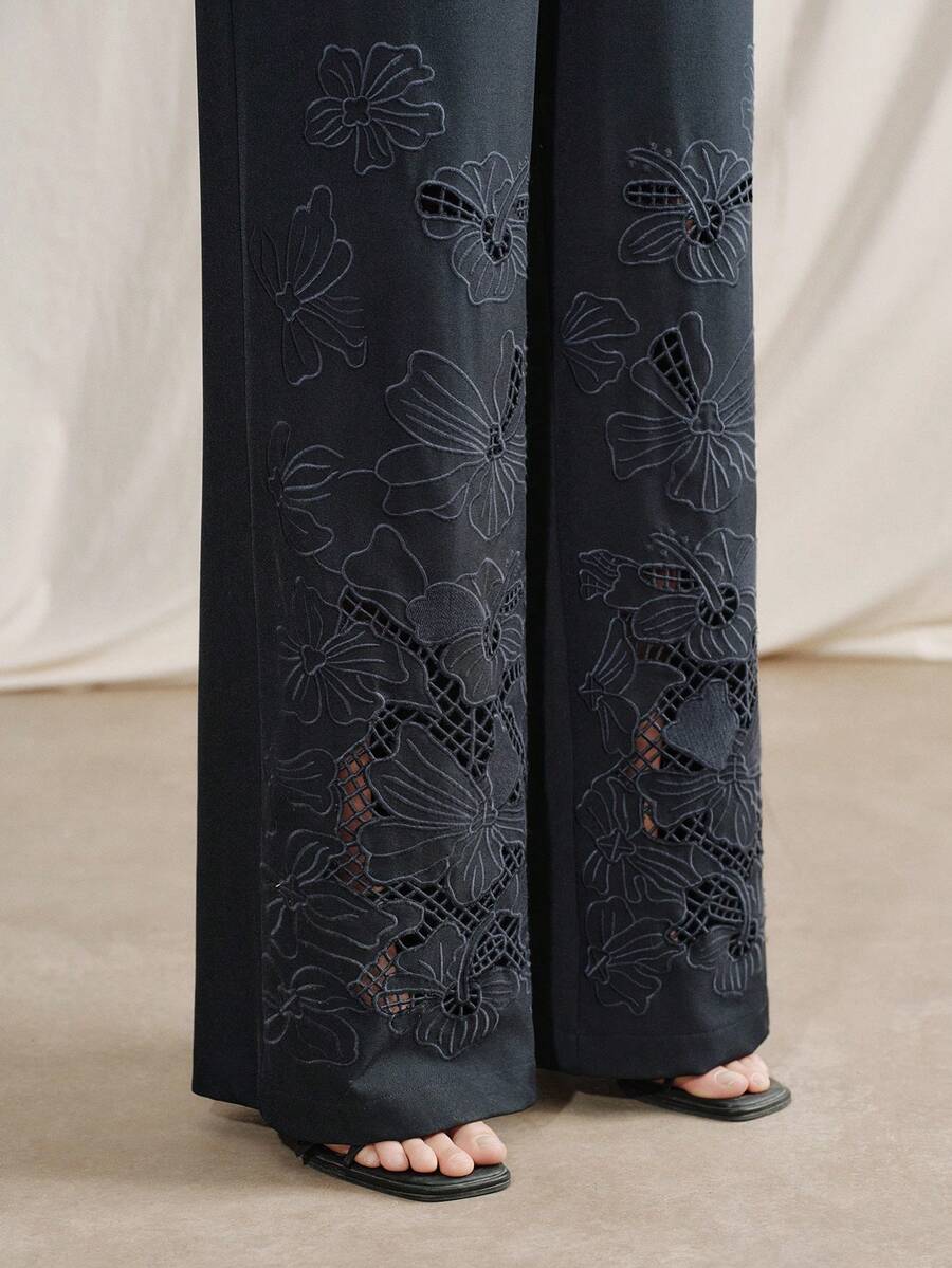Anewsta Urban Chic Retro Hollow Embroidered High-Waist Straight-Leg Pants For Office/Commute - Navy Blue - View 1