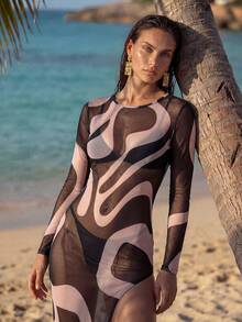 Swim Chiccia Vestido de cubrir con estampado total, asimétrico y transparente para vacaciones de verano de mujer - Marrón - Ver 5