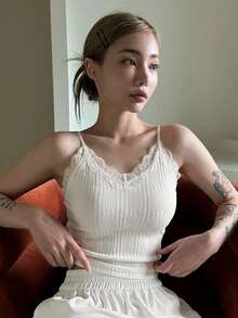 DAZY Women's Casual Vacation & Commute Solid Color Cable Knit Lace Trim Fitted Camisole Top, Summer - Beige - View 4