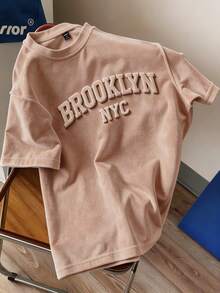 Manfinity Joysei Áo thun nam dáng rộng màu kaki da lộn in chữ 3D, thích hợp cho mùa hè, quà tặng bạn bè. - Màu Khaki - Xem 1