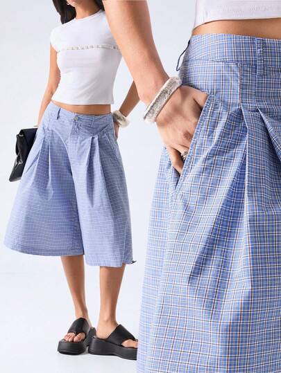 LYSMO 2026 New Arrive Minimalism Spring/Summer Women's Plaid High Waist Pleated Wide Leg Shorts