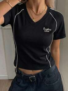 DAZY Women's American Style V-Neck Short Sleeve T-Shirt, Black, Fitted, Sports Design, Summer 2025 New Arrival - Black - View 3