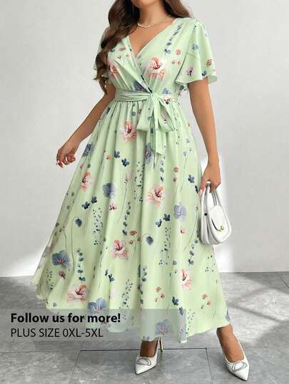 Firerie Đầm đi nghỉ mát cỡ lớn dành cho nữ, cổ chữ V, dáng rộng, họa tiết ngẫu nhiên, xẻ tà, thắt eo, thích hợp cho mùa hè.