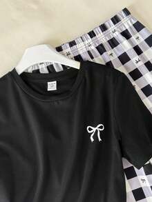 SHEIN Bộ đồ ngủ 2 mảnh cho bé gái tuổi teen, áo thun kẻ caro ghép mảnh. - Đen và trắng - Xem 6