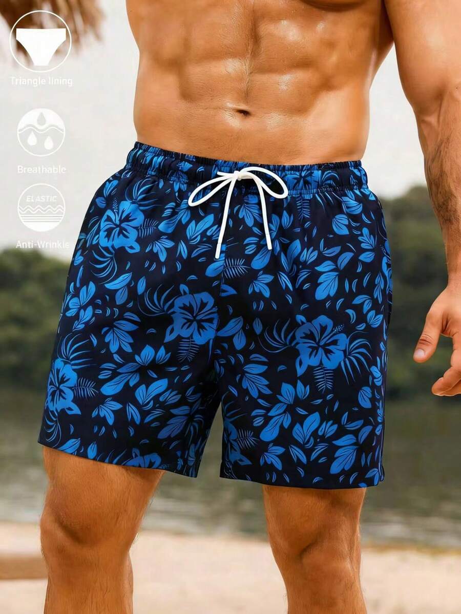 Manfinity KASUA 男士沙滩度假休闲印花抽绳泳裤 - 藍色 - 查看 1