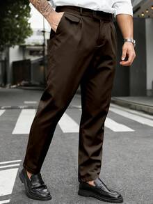Manfinity Mode Pantalones informales de unicolor para hombres de talla grande, formales - Café integral - Ver 4