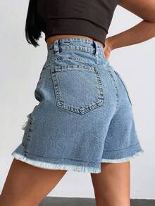 EURMUSE High Waist Fray Hem Mini Denim Short - Light Wash - View 2