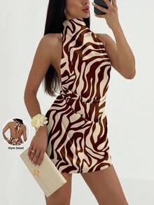 Aloruh 休闲性感风格优雅棕色抽象线条全印花图案女式休闲优雅露背挂脖系带迷你连衣裙，适合夏季、派对、海滩、复古 - 彩色 - 查看 7