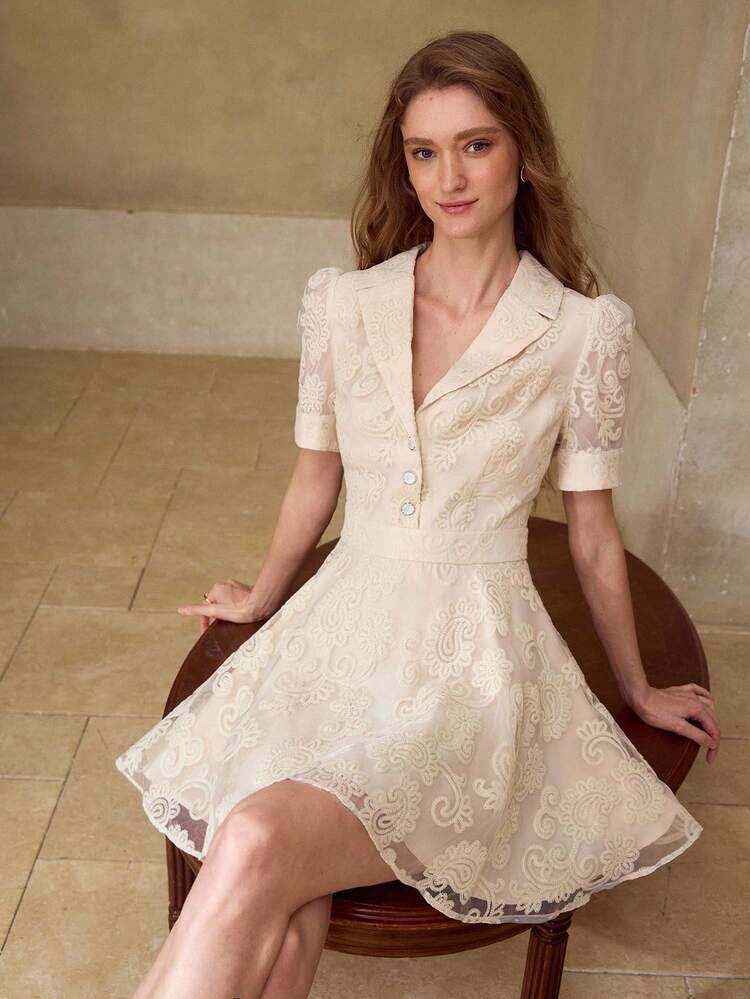 SUMMER NEW ARRIVAL EXQUISITE 3D FLORAL JACQUARD LACE ETHEREAL PALACE STYLE BANQUET SHIRT COLLAR PETAL SLEEVE WAIST CINCHED A-LINE PRINCESS DRESS FOR WOMEN