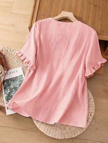 Linhara Plus Size Women Casual Minimalist Countryside Style Small V-Neck Cotton Embroidered Ruffle Cuff Loose Blouse - Pink - View 2