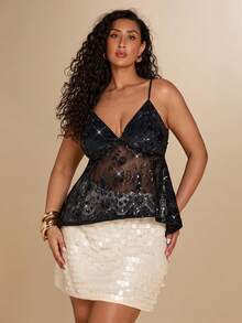 SHEIN BAE Áo hai dây xuyên thấu gợi cảm, đính sequin, kiểu dáng rộng rãi dành cho nữ, thích hợp cho buổi hẹn hò. - màu đen - Xem 1