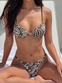 Swim Mod Bộ bikini nữ gợi cảm, chất liệu vải dệt, kiểu buộc dây phía sau, gồm áo crop top và quần bơi, thích hợp cho đi biển/nghỉ dưỡng. - màu nâu - Xem 9