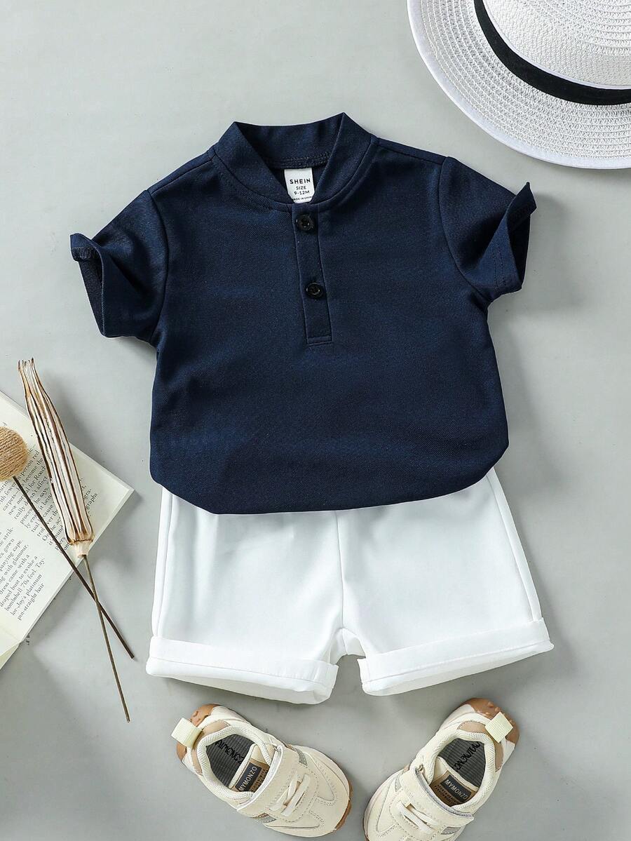 Souflis Souflis 男婴简约立领开衫短袖T恤短裤套装，适合春夏季节、休闲、户外、度假、派对等场合。 - 彩色 - 查看 1