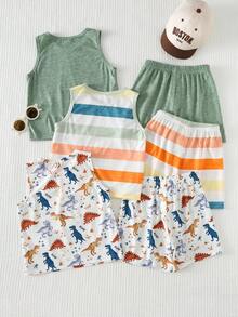 Cozy Pixies 6件套 男童卡通恐龙图案针织柔软圆领无袖背心和松紧腰短裤 - 彩色 - 查看 2