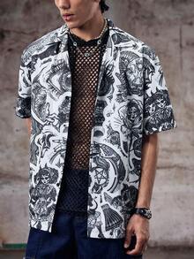 Skyrend Camisa de playa floral para hombre, graffiti vintage minimalista negro casual de verano XS-XXL - Negro - Ver 6