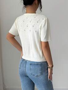 Selianne Nuevo suéter de punto de manga corta con cuello redondo, ajustado, de unicolor, con patrón floral, versátil para uso diario y elegante, para primavera/verano de mujer - Beis - Ver 2
