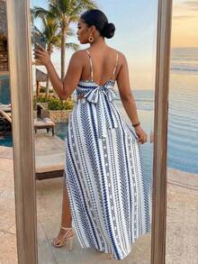 SHEIN Lady CURVE 2pcs Plus Size Spaghetti Strap Top And Skirt Set, Fashionable For Summer,Vacation Outfits Woman,2 Pieces Summer Outfit - Blue - View 2