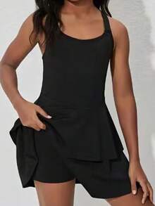 Girls Black Sporty Sleeveless Spaghetti Strap Tiered Layer Short Tennis Dress - Black - View 5