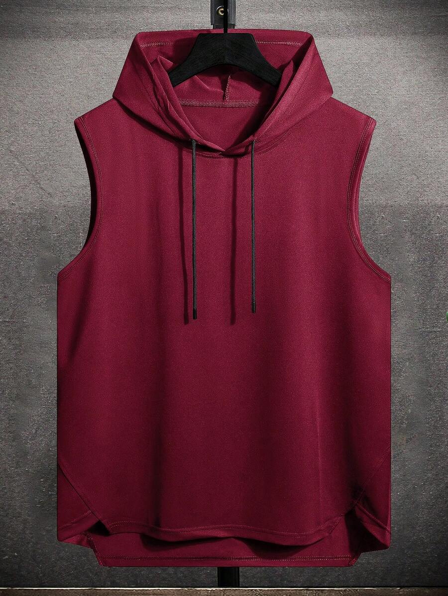 Manfinity Homme 男士夏季休闲运动抽绳连帽背心,简约纯色,适合日常通勤 - 酒紅色 - 查看 1