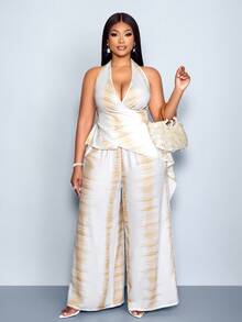 SOLERSUN Plus-Size Women's Summer Tie Dye Tropical Two Pieces Set,Halter Neck Camisole & Loose Wide-Leg Trousers,Holiday Tea Party Asymmetrical Hem Outfits - Apricot - View 6