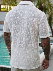 VENTUSAIL 男士白色针织蕾丝提花休闲度假短袖衬衫 - 白色 - 查看 3