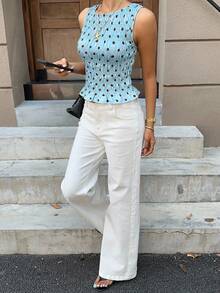 Siren Gaze 波点腰部荷叶边无袖圆领夏季时尚背心 - 淺藍色 - 查看 6