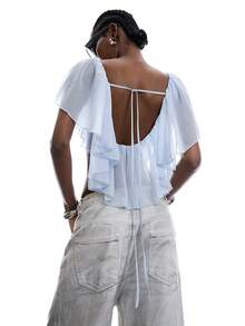 LYSMO 2026 New Arrive Minimalism Spring/Summer Women's Solid Color Ruffle Asymmetric Hem Blouse,Summer Top - Baby Blue - View 2