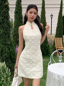 EastFlair 优雅纯色3D立体花卉中国风吊带连衣裙，夏季 - 杏色 - 查看 1