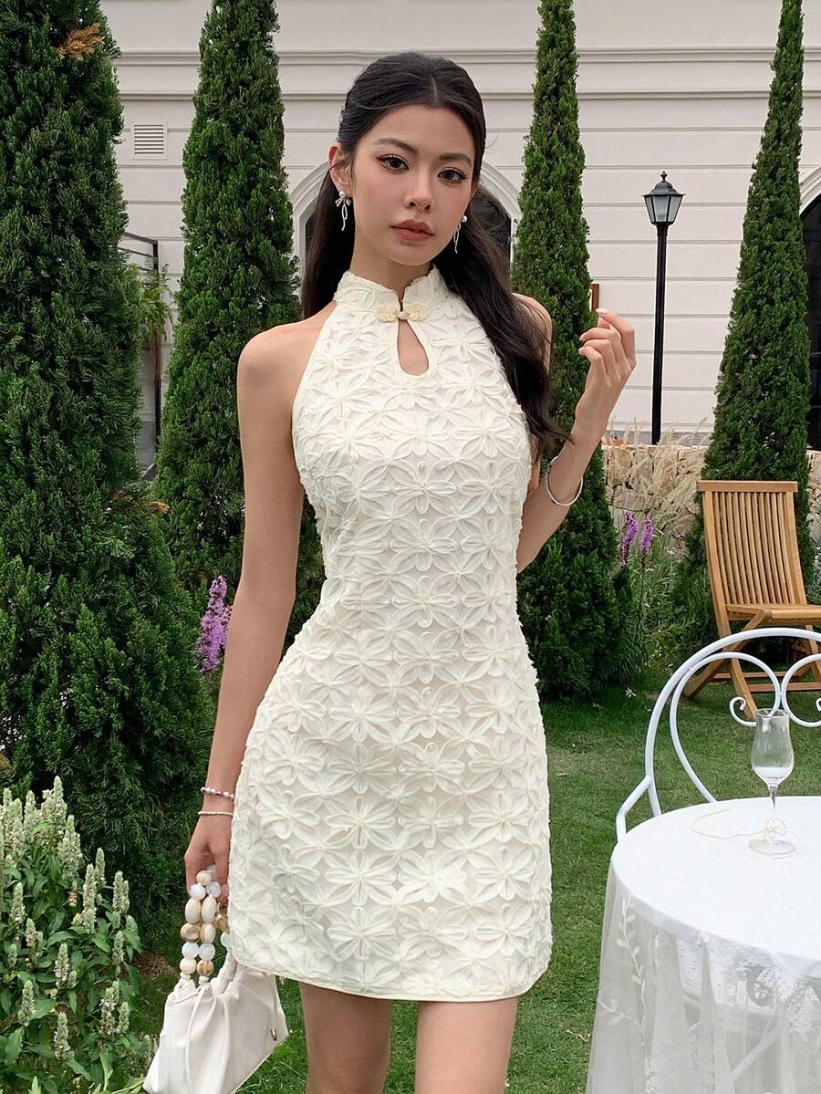 EastFlair 优雅纯色3D立体花卉中国风吊带连衣裙，夏季 - 杏色 - 查看 1