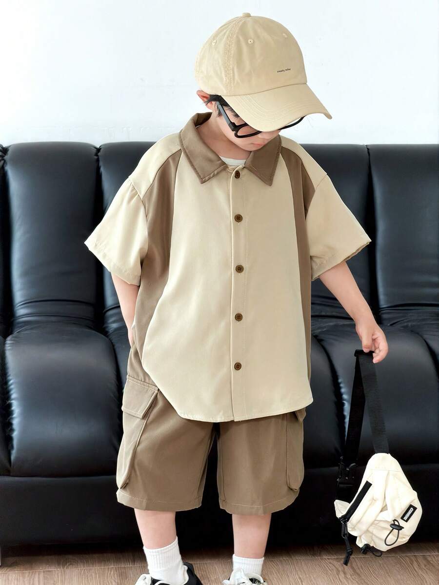 2pcs/Set Young Boys Casual Korean Style Loose Fit Collared Shirt And Cargo Shorts Set,Summer Outfits For Back To School,Parties,Vacations&Birthdays