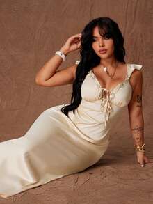 French Retro Bias Cut Lace Trim Cap Sleeve Satin Vacation Elegant Dress - Champagne - View 1