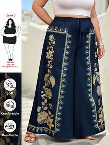 SHEIN CURVE+ Curve 尺码 US22 音乐节、海滨度假、波西米亚风女士热带植物印花长裤，休闲度假沙滩夏季超长阔腿裤 - 彩色 - 查看 1