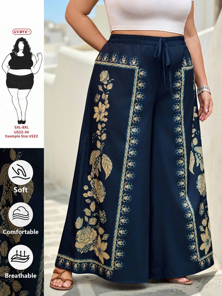 SHEIN CURVE+ Curve 尺码 US22 音乐节、海滨度假、波西米亚风女士热带植物印花长裤，休闲度假沙滩夏季超长阔腿裤 - 彩色 - 查看 1