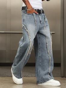 Manfinity EMRG Quần jeans ống rộng rách phối nhiều mảnh theo phong cách đường phố dành cho nam giới. - Rửa trung bình - Xem 4