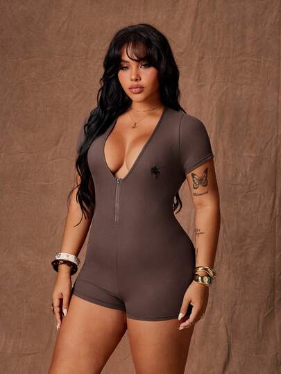 Rustia Bộ áo liền quần màu nâu cỡ lớn dành cho nữ, kiểu dáng thường ngày với khóa kéo và tay ngắn, thoải mái cho mùa xuân và mùa hè.