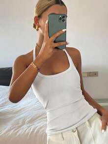 DAZY Atasan Wanita Model Camisole Ketat Berkerah V dengan Tali Bahu Tipis untuk Musim Panas, Model Halter Top, Warna Putih, Atasan Dasar untuk Acara Keluar Malam. - Putih - View 3