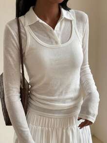 DAZY Bộ 2 món áo polo và áo hai dây mỏng nhẹ màu trơn dành cho nữ. - trắng - Xem 2