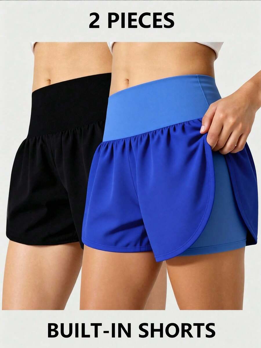 SHEIN 2 chiếc quần short cạp cao dáng rộng thoải mái đa năng dành cho bé gái tuổi teen, thích hợp cho chạy bộ, thể thao và các hoạt động ngoài trời mùa hè. - Nhiều màu - Xem 1