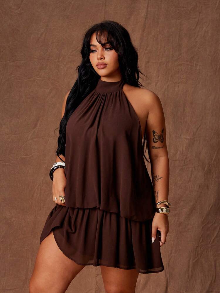 Rustia Vestido Curto Elegante Feminino Marrom Sólido com Decote Halter e Costas Abertas, Vestido Elegante para Mulheres, Vestido de Ano Novo, Vestido de Festa Elegante - Castanho - Visão 5