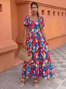 Flora Isola Flora Isola Đầm nữ thiết kế tay bồng cổ tròn nhún bèo in họa tiết - Nhiều màu - Xem 5