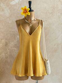 INAWLY Solid Color Casual Versatile Summer Sleeveless Dress Yellow Sexy - Yellow - View 7