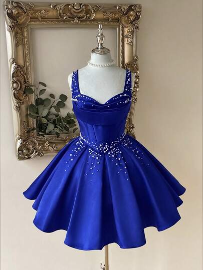 Lovelzi Luxurious, Elegant, Noble, Palace-Style, Satin, Cold Shoulder, Strapless, Plunging Neckline, Boned Waist, Pearl Decor, Flared Skirt, Single Party, Wedding, Graduation, Vacation, Bridal Shower Dress