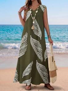 Sylviya Đầm maxi nữ màu xanh rêu quân đội, chất liệu vải dệt, phong cách boho, cổ chữ V, không tay, họa tiết lông vũ ngẫu nhiên và xẻ tà, kiểu dáng thường ngày. - xanh quân đội - Xem 5