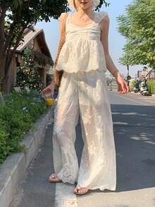 DAZY 2pcs Women Camisole Top + Loose Embroidered Wide Leg Pants Set - White - View 4