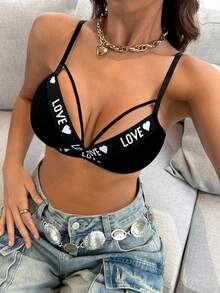 女士时尚性感字母针织镂空胸罩 - 黑色 - 查看 5